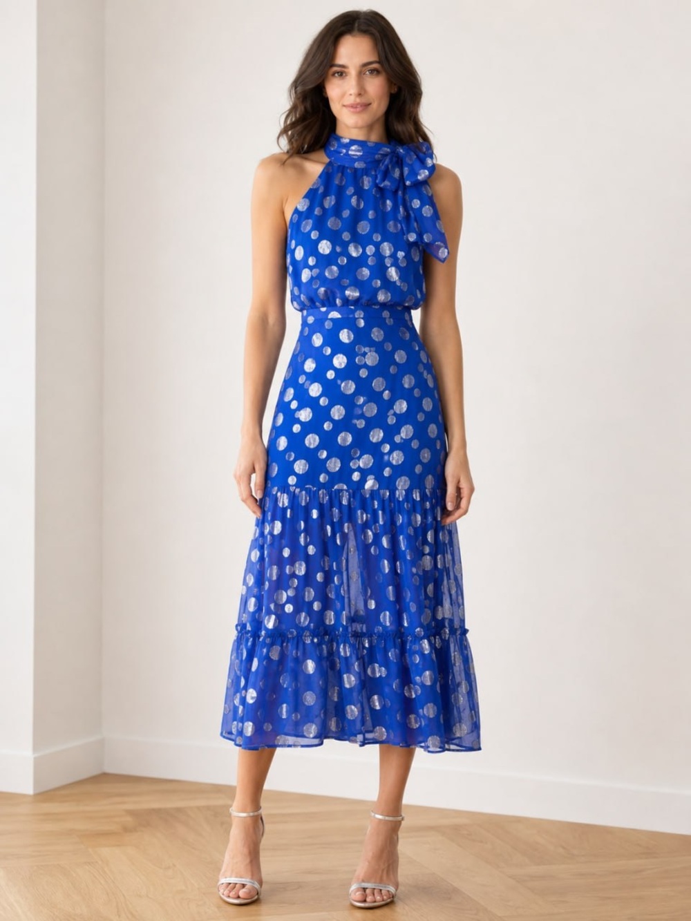 RIXO Royal Blue Halter Maxi Dress with Silver accents size small